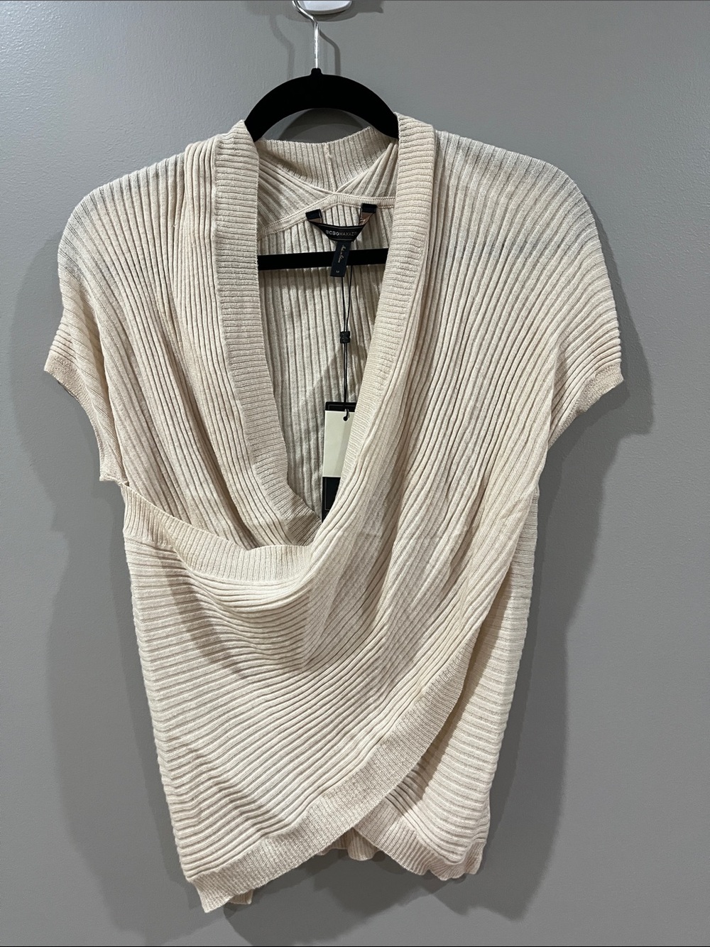 BCBGMaxAzria Cream Ribbed Cowl-Neck Short Sleeve Sweater